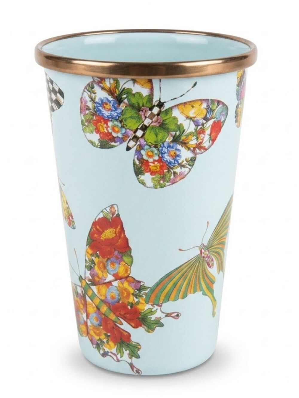 Mackenzie Childs Blue "Butterfly Garden" Enamel Tumbler 10 Ounces